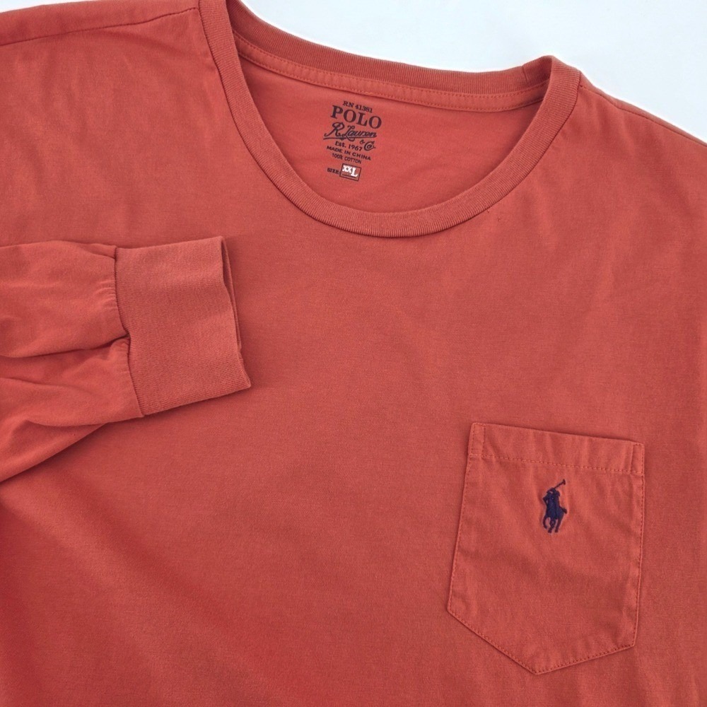 Polo Ralph Lauren Mens XXL Long Sleeve Pocket T-Shirt Orange Cotton Crewneck